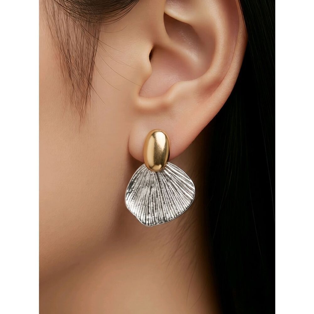 Seashell Mixed Metal Fan Drop Earrings Silver Gold Vintage Coastal NWT Jewelry